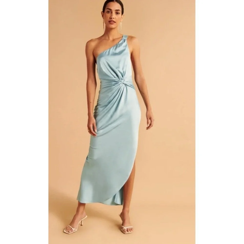 Abercrombie & Fitch One Shoulder Maxi Dress Women LT‎ Light Blue NEW Satin Twist